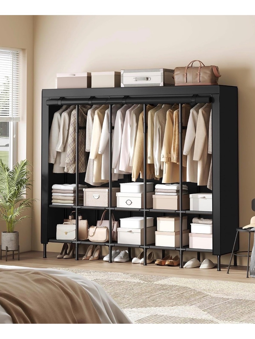 Large Black Portable Wardrobe Closet with Shelves and Hanging Rails